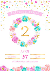 two with floral wreath isolated on background. Template for Baby Birthday, party invitation, greeting card. Cute Number two as second year anniversary logo, patch, sticker