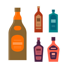 Bottle of whiskey cognac gin liquor rum. Graphic design for any purposes. Flat style. Color form. Party drink concept. Simple image shape