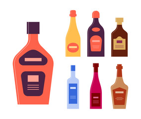 Bottle of vodka wine whiskey champagne liquor rum in row. Graphic design for any purposes. Flat style. Color form. Party drink concept. Simple image shape