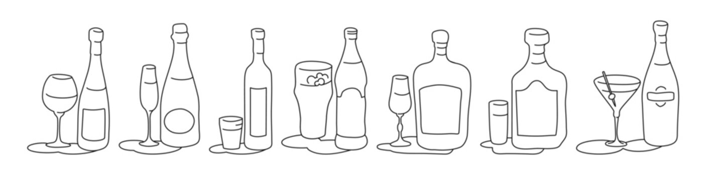 Wine champagne vodka beer liquor rum martini bottle and glass outline icon on white background. Black white cartoon sketch graphic design. Doodle style. Hand drawn image. Party drinks concept