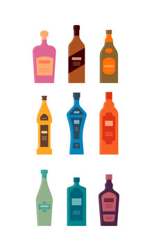 Bottle of liquor whiskey brandy beer vodka cognac vermouth gin rum. Graphic design for any purposes. Flat style. Color form. Party drink concept. Simple image shape
