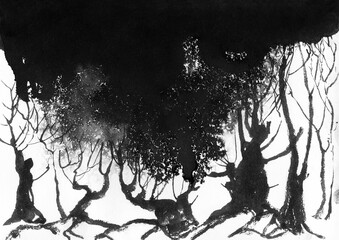 Halloween watercolor card. Black silhouettes of a scary forest. Place for text.