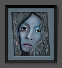 A young beautiful woman is seen as artwork that looks like an etching and is framed on the wall with an unusual skewed mat in a 3-d illustration.