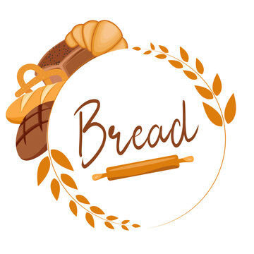 Bread package design. Icon of brown rye bread bun bagel, wheat ears, with text. Bakery shop bread logo design. 