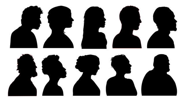 Silhouette heads.Set of profile face of different people. Man and woman heads in profile symbol.