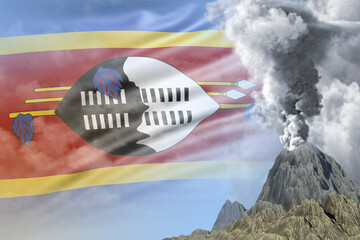 big volcano eruption at day time with white smoke on Swaziland flag background, troubles because of natural disaster and volcanic ash conceptual 3D illustration of nature