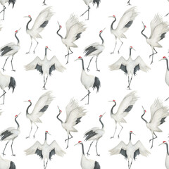 Watercolor seamless pattern with cranes. Hand drawn  illustration on white background. Vintage print