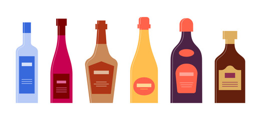 Bottle of vodka wine whiskey champagne liquor rum in row. Graphic design for any purposes. Flat style. Color form. Party drink concept. Simple image shape