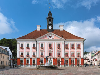 Tartu, Estonia. Tartu Town Hall at Town Hall Square, Estonia. The present building of the Town Hall was built in 1782-1789 by design of the Baltic German architect Johann Heinrich Bartholomaus. - 528280042