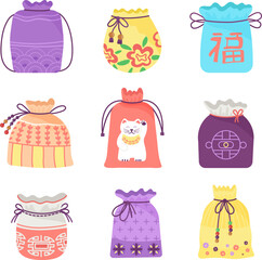 Lucky bags. Art chinese bag, korean happy traditional pocket. Asian tradition present purse, chuseok elements. Oriental holiday gifts decent vector icon