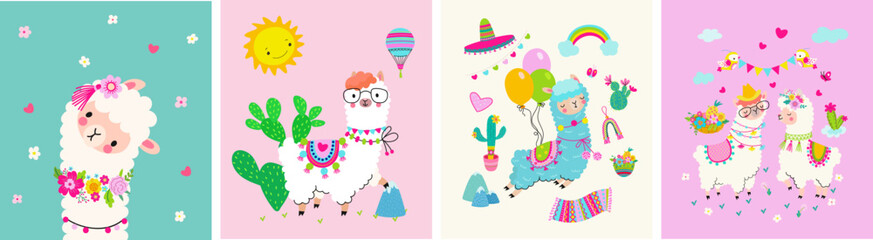 Baby design cute alpaca postcards. Llama birthday party banners with cactus and balloons. Peruvian funny alpacas in love, nursery nowaday vector background © MicroOne
