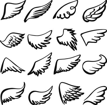 Black angel wings. Isolated drawing wing of bird, goose, seagull, dove. Devil vs angels, holy heaven vintage decoration elements. Doodle tattoo neoteric vector set