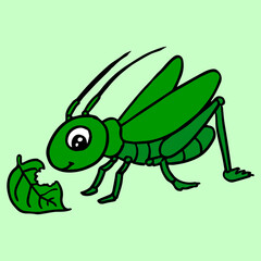 Kids Coloring Pages, Cute Grasshopper Eating Leaf Character Vector illustration Ai File And Image