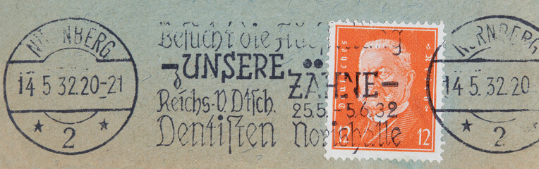 stamp briefmarke vintag retro alt old used gebraucht cancel gestempelt papier paper orange zähne teeth slogan werbung orange 1932  bismarck vergilbt verblichen