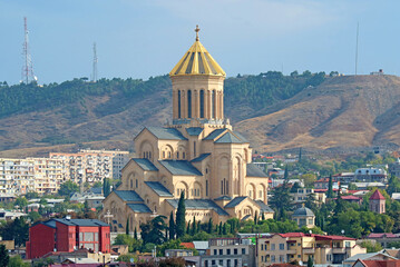 The Holy Trinity Cathedral of Tbilisi or Sameba, One of the Outstanding Landmarks of Tbilisi, Georgia - obrazy, fototapety, plakaty