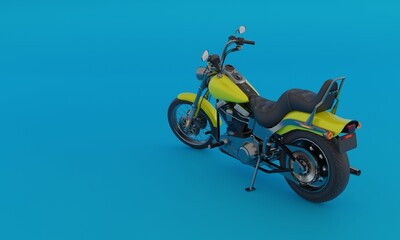3d illustration, big motorcycle, blue background, copy space 3d rendering