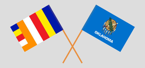 Fototapeta na wymiar Crossed flags of Buddhism and The State of Oklahoma. Official colors. Correct proportion