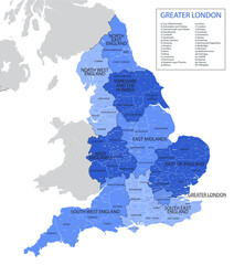Vector, blue map of England with division into regions, counties and districts