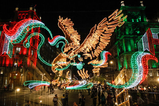 Mexico City, Mexico. September 02, 2019. Decorations of lights to commemorate September 15, the day that commemorates the beginning of the Independence of Mexico, multiple exposure photo.

