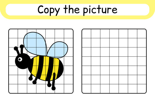 Copy the picture and color bee. Complete the picture. Finish the image. Coloring book. Educational drawing exercise game for children