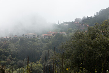 Fototapeta na wymiar Nebeliges Panorama der Küstenstadt Santana auf Madeira