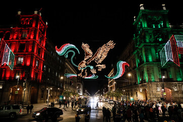 Mexico City, Mexico. September 02, 2019. Decorations of lights to commemorate September 15, the day that commemorates the beginning of the Independence of Mexico, multiple exposure photo.