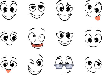 Happy faces expressions. Funny mouthes and eyes emotions, face sketch cartoon caricatures joy design elements kit