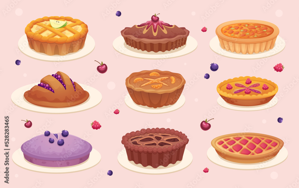 Poster Fruit cakes. Bakery pie with dessert strawberry jam exact vector delicious food