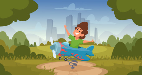 Kids with wings. Little people dreamers running and playing aviation and big planers with crafting wings exact vector cartoon background - obrazy, fototapety, plakaty