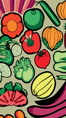 Vector illustration with fresh organic vegetables and fruitmizdorovoe nutrition. A set of vegetarian sliced, full of vegetables and fruits.