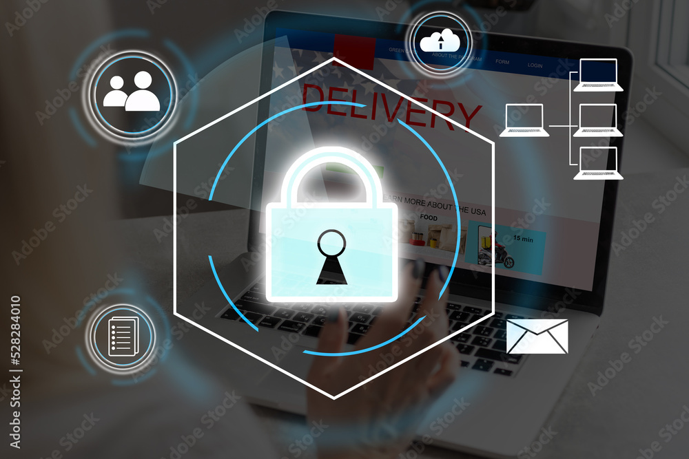 Poster digital padlock icon, cyber security network and data protection technology on virtual interface scr