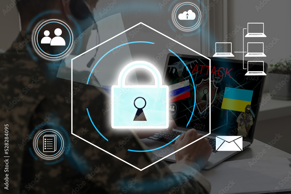 Poster technology concept with cyber security internet and networking, laptop, screen padlock icon on digit