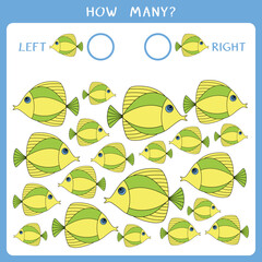 Simple educational game for kids. Count how many fishes swim to the left and to the right and write the result. Vector worksheet