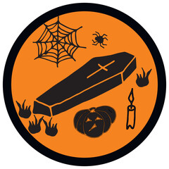 Halloween doodle design on black and orange background. Hand drawn illistration for Halloween decorations, stickers, cards,  t-shirts, mugs, backgrounds.