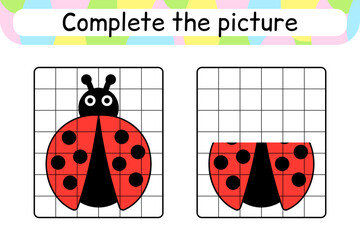 Complete the picture ladybug. Copy the picture and color. Finish the image. Coloring book. Educational drawing exercise game for children