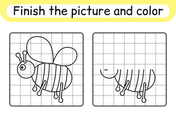 Complete the picture bee. Copy the picture and color. Finish the image. Coloring book. Educational drawing exercise game for children