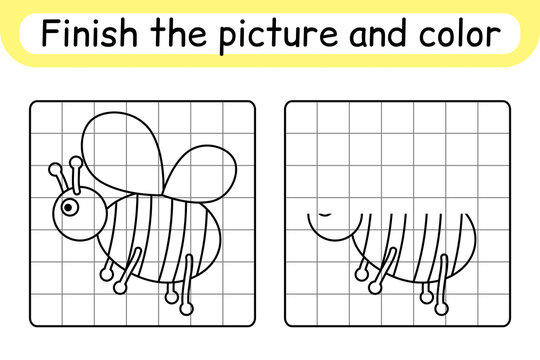 Complete the picture bee. Copy the picture and color. Finish the image. Coloring book. Educational drawing exercise game for children