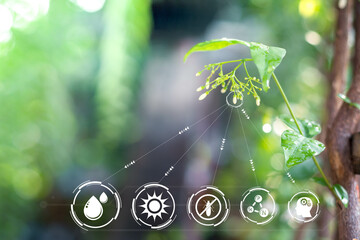Blured green leave background and Smart technology with Internet of things futuristic agriculture...