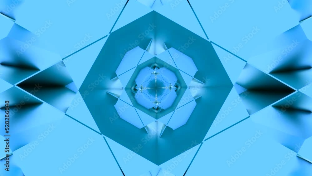 Poster fractal abstract spinning tunnel. design. rotating kaleidoscopic space of 3d mirror blue particles.