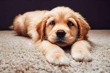 adorable golden retriever puppy lying on the floor, 3d render, 3d illustration