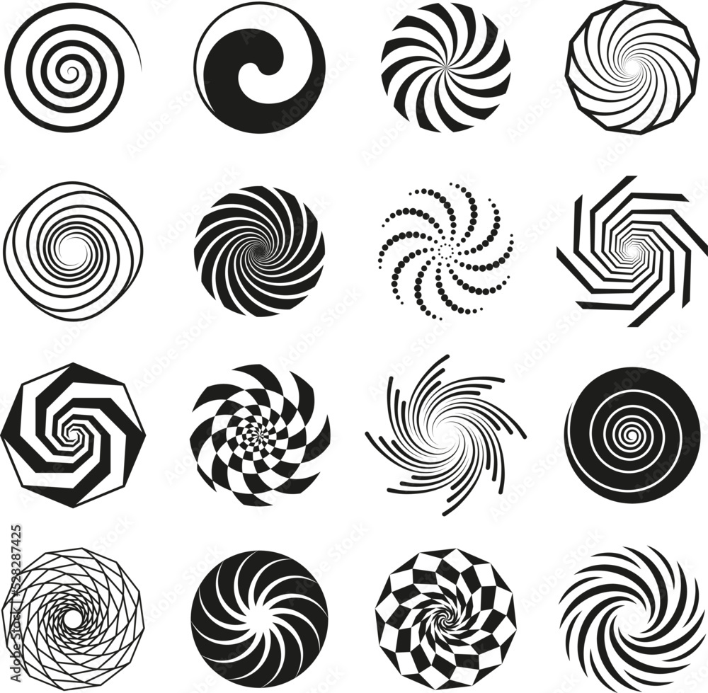 Wall mural Black spirals set. Round simple spiral ornaments, rough circle swirling elements. Swirl icons, hypnosis twirl for logo. Tidy geometric vector graphic set