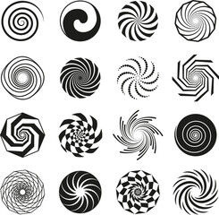 Black spirals set. Round simple spiral ornaments, rough circle swirling elements. Swirl icons, hypnosis twirl for logo. Tidy geometric vector graphic set