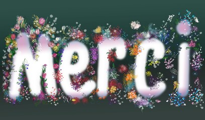 illustration with the inscription "merci" on a dark background with many small hand-drawn flowers