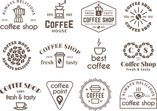 Coffee shop labels. Quality flavors rustic badges. Hot drinks cafe symbol with beans and cups. Round logo and badges, espresso arabica tidy vector icons
