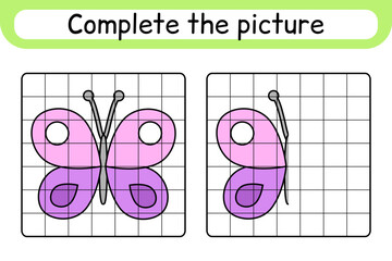 Complete the picture butterfly. Copy the picture and color. Finish the image. Coloring book. Educational drawing exercise game for children