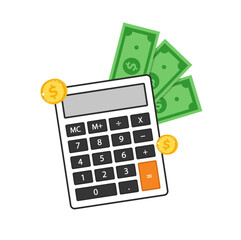 Calculator with money and coins to count and manage finances.