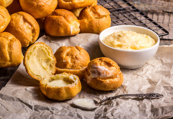 Homemade buns with cream. Custard buns close-up