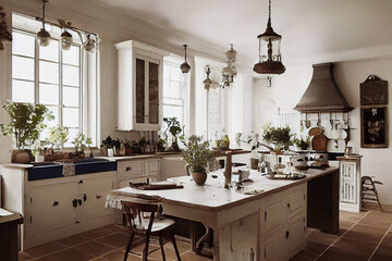 beautiful vintage country cozy kitchen with white accents, 3d render, 3d illustration