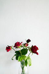 Bouquet of red roses in a glass vase, some flower wither with time