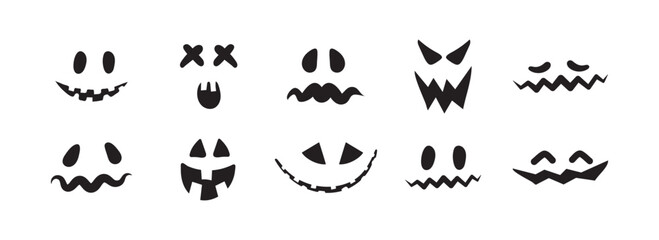 Set of scary and funny Halloween pumpkin or ghost faces isolated on white background. Vector collection.